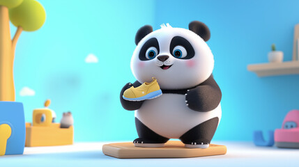 Adorable panda cub holds tiny shoe. Playful, cute 3D render.
