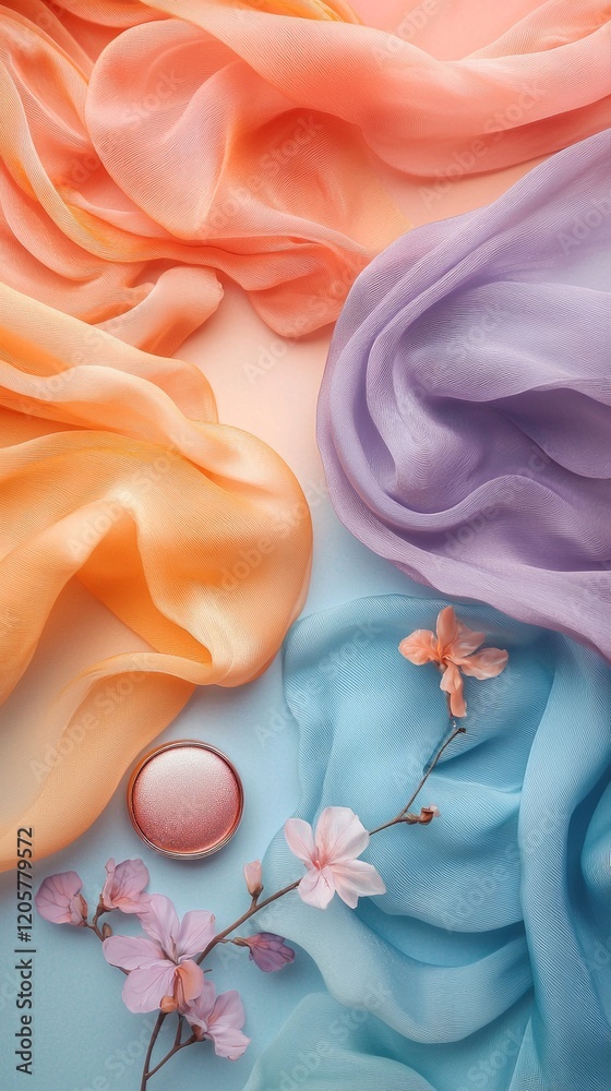 Poster a captivating arrangement of soft, pastel-hued fabrics sprawled elegantly across a smooth surface, c
