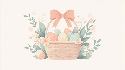 Easter basket with pastel eggs and flowers tied with a bow