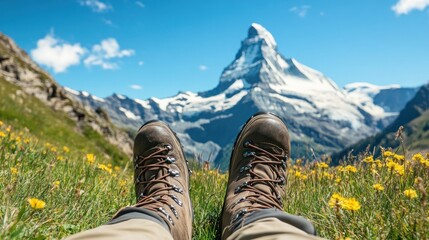 Alpine meadow hiker rests, Matterhorn view