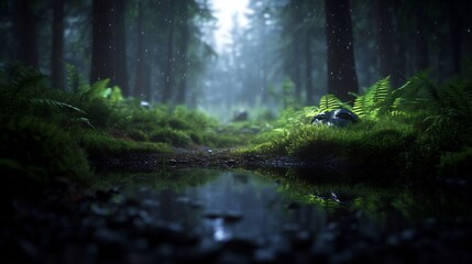 Obraz premium Enigmatic Forest Mask: A Rainy Day Mystery