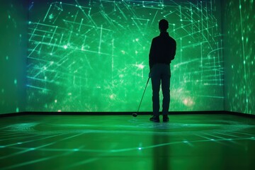 Player engages in indoor golf simulation while surrounded by vibrant digital projections