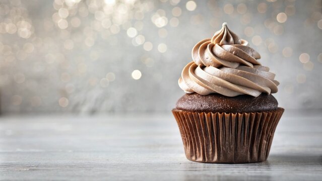 A single decadent chocolate cupcake with swirls of creamy frosting, resting on a rustic wooden surface against a softly blurred, shimmering background