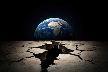 Climate change: Pollution and temperature rise. Cracked earth with a distant view of Earth in darkness.