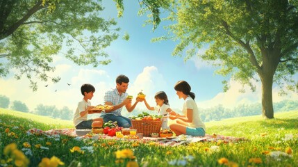 A family enjoying a healthy picnic, featuring a variety of nutritious foods and outdoor activities, promoting healthy eating and active living