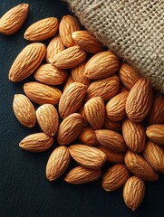 Fototapeta premium A close-up of almonds scattered on a dark surface, with a burlap sack in the background.