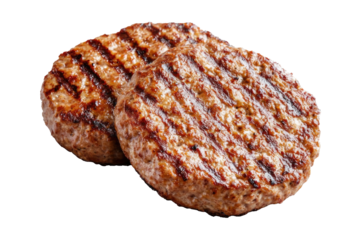 Two perfectly grilled beef patties with a golden brown crust, ideal for making flavorful burgers, showcasing mouth-watering details and appetizing textures.