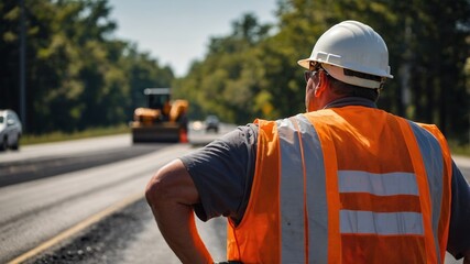 Obraz premium A road construction worker from the back, wearing an orange safety vest and hard hat, spreading asphalt on a highway under the summer sun