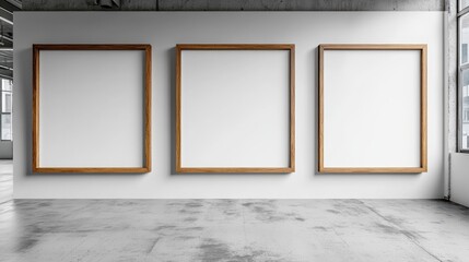 3 blank white canvases mock up with wooden frame on white wall in a painting gallery