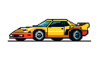 Retro Pixel Art Racing Car Sticker: Gaming Style, Contour Vector Design on White Background