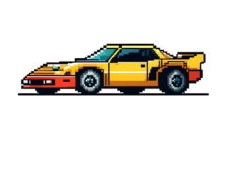 Retro Pixel Art Racing Car Sticker: Gaming Style, Contour Vector Design on White Background