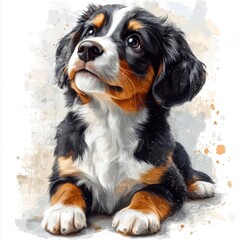 Fototapeta premium Adorable Bernese Mountain Dog Puppy with Watercolor Effect and Innocent Expression Looking Upward