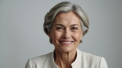 A self-assured mature woman with a gentle smile stands upright against a clean white background, showcasing her poise and elegance.