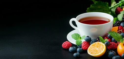 A white cup of tea sits beside an assortment of fresh berries and citrus fruits, creating a vibrant and refreshing scene against a dark background.