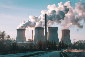 Nuclear power plant cooling towers emitting smoke at sunset