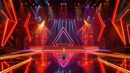 Futuristic neon light stage with symmetrical geometric pattern.