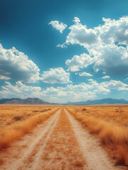 Fototapeta premium A dirt road stretches through a golden landscape under a bright blue sky with fluffy clouds.