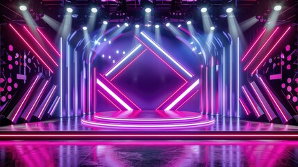 Futuristic neon light stage with symmetrical geometric pattern.