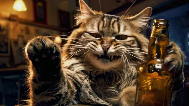 Drunk angry anthropomorphic cat in a bar holding a bottle of beer