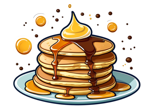 Whimsical Pancake Stack Sticker: Fun Food Illustration with Syrup Pouring in Mixed Styles and Contour Vector Design on a White Background