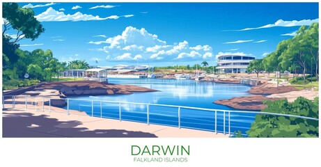 Obraz premium Darwin Falkland islands Travel Poster Flat Illustration Print Decor Gift Canvas Wall Art Gift