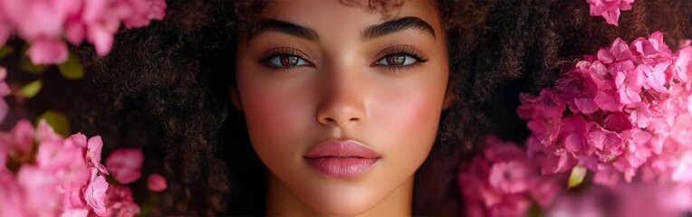 Naklejka premium A stunning portrait of a woman with curly hair and flowers, symbolizing beauty and self-expression. Ideal for fashion themes.