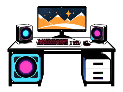 Sticker: GamersDesk Setup with Multiple Monitors: Gaming Style, Contour, Vector, White Background