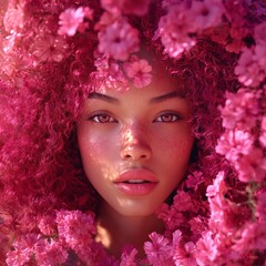 Fototapeta premium A stunning portrait of a woman with curly hair and flowers, symbolizing beauty and self-expression. Ideal for fashion themes.