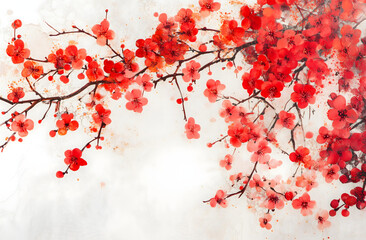 Chinese style painting of plum blossom on white background