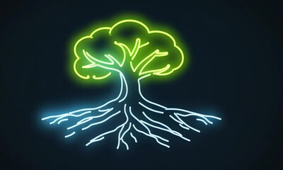 The tree’s roots and canopy glow in different colors (blue for roots and green for the canopy), glow alternating in a rhythmic pulse, tree neon line icon animation in black background - Powered by Adobe