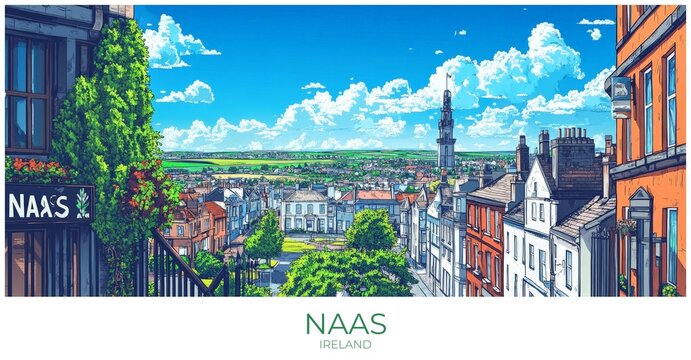 Naas Ireland Travel Poster Flat Illustration Print Decor Gift Canvas Wall Art Gift