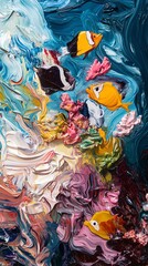 Vibrant impasto painting of tropical fish swimming amidst colorful coral reef.  Textured brushstrokes create a dynamic underwater scene.