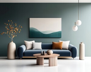 A minimalist interior featuring soft, rounded furniture in deep navy blue, emerald green, gray, cream, and burgundy tones. Walls are adorned