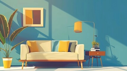Fototapeta premium Modern living room with sofa and bookshelf against blue walls. home interior decoration