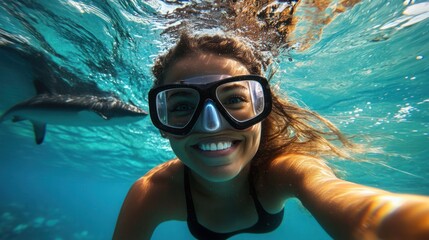 Fototapeta premium Adventure under the sea with clear water and capture the moment of taking photos with sharks