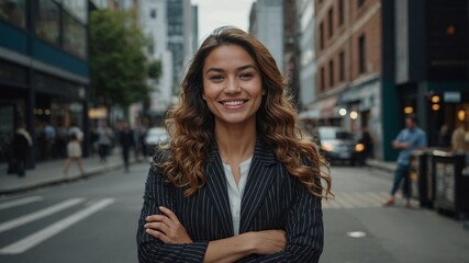 Fototapeta premium A young, happy, pretty, smiling professional business woman, exuding confidence and positivity, stands outside on a busy street, looking directly at the camera with a sense of accomplishment.