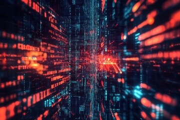 Obraz premium Vibrant digital corridor showcasing red and blue light patterns in a futuristic setting