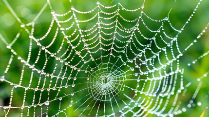 A close-up photograph of a dew-covered spider web sparkling under golden morning light.