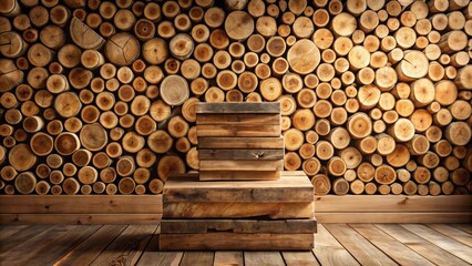 Rustic wooden display featuring stacked lumber against a wall of circular wood slices
