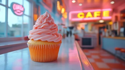 A cupcake with pink frosting sits on a counter in front of a neon sign that says