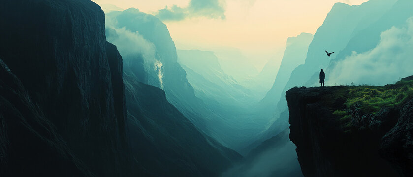 Breathtaking view of a lone figure standing on a cliff overlooking a misty valley at dawn