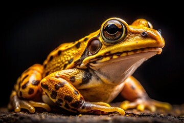 Fototapeta premium Close-up of Yellow and Brown Frog on Black Background - Candid Wildlife Photography