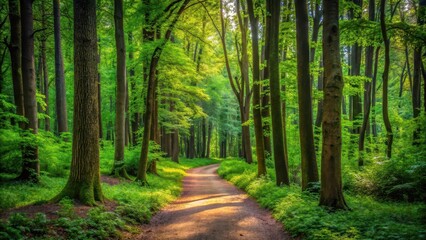 Obraz premium A dense forest with a narrow winding path surrounded by tall green trees and overgrown foliage, solitude, nature