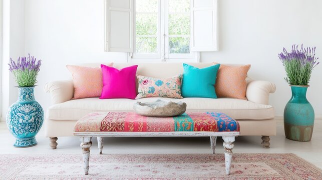 Provencal living room with a beige sofa, vibrant cushions in pink and turquoise, a distressed coffee table with a bold floral patterned runner