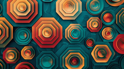 Fototapeta premium A colorful abstract design featuring concentric hexagons in vibrant shades of turquoise, pink, and yellow.