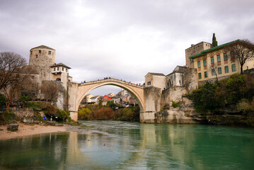 A beautiful view of the old bridge across the Neretva River in Mostar, Bosnia and Herzegovina