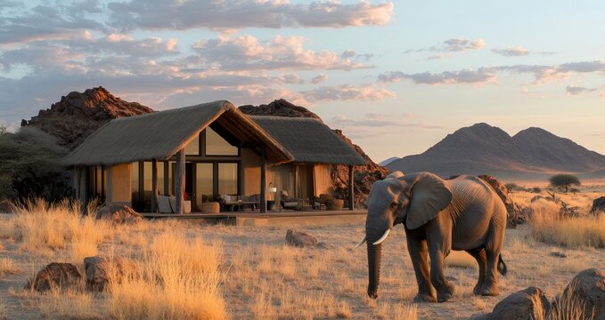 Fototapeta Wild elephant walking near luxury safari lodge in namibia at sunset