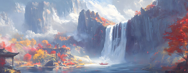 Watercolor painting, beautiful landscape, Chinese ink painting