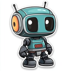 Cute teal robot character with big eyes standing isolated on white background, perfect for illustration, sticker or design element