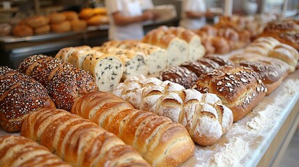 Bakery counter showcasing fresh loaves of bread with flour dusting the air as bakers work in the background preparing more batches for the day